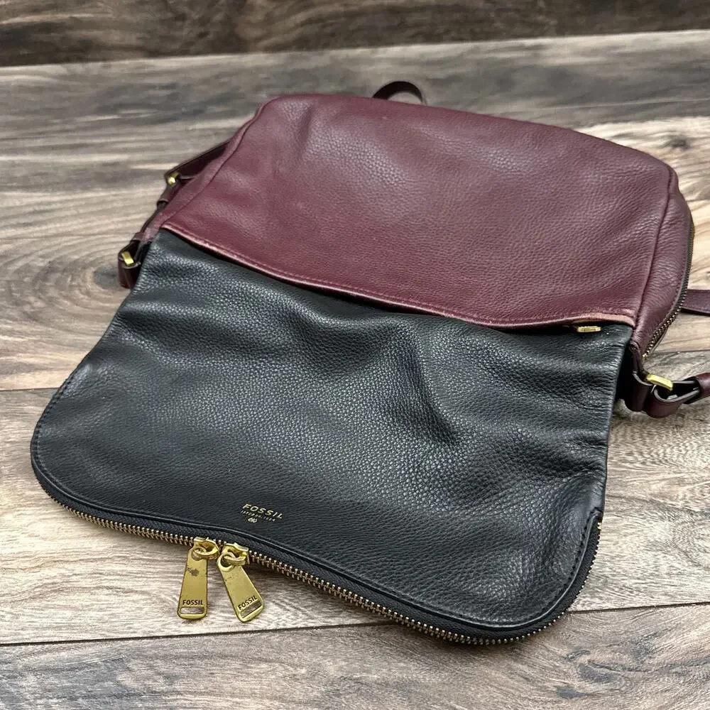 Fossil Leather Zipper Crossbody Shoulder Satchel Saddle Bag Black Burgundy - Picture 5 of 14